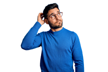 Man met blauwe trui en bril krabt aan hoofd en kijkt omhoog